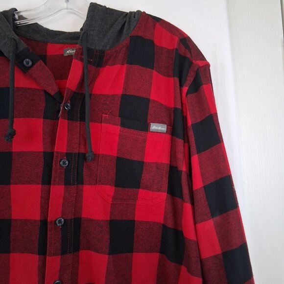 Eddie Bauer Hooded Flannel Shirt Men's XL Red Black Buffalo Plaid Work Wear - Picture 3 of 6